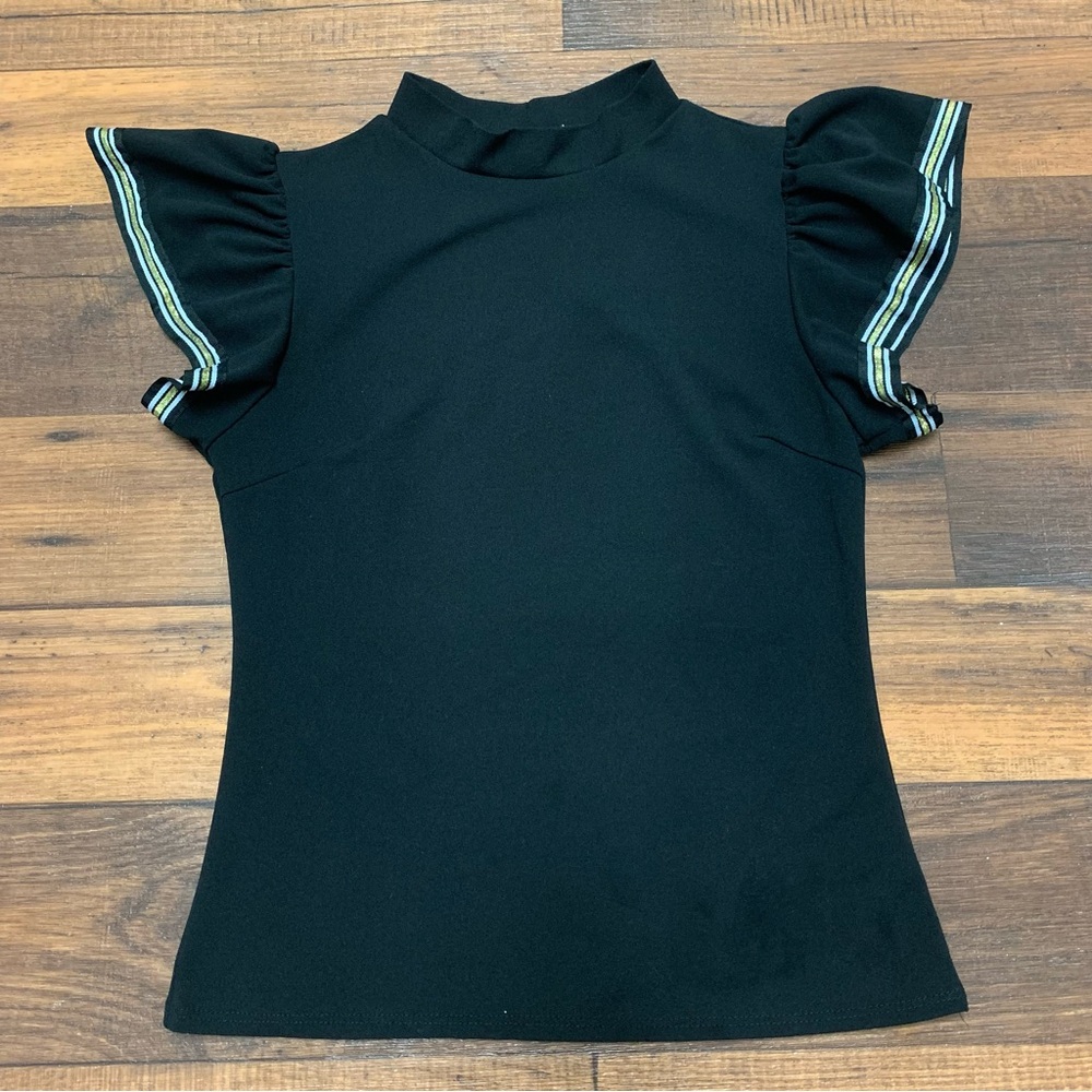 Jasmine Sportswear Black Top Short Sleeves With Gold Stripes Women’s Sz M